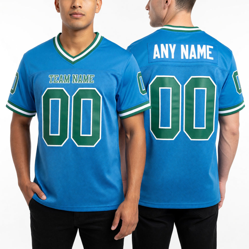 Custom Powder Blue Kelly Green-White Mesh Authentic Throwback Football Jersey worn front and back