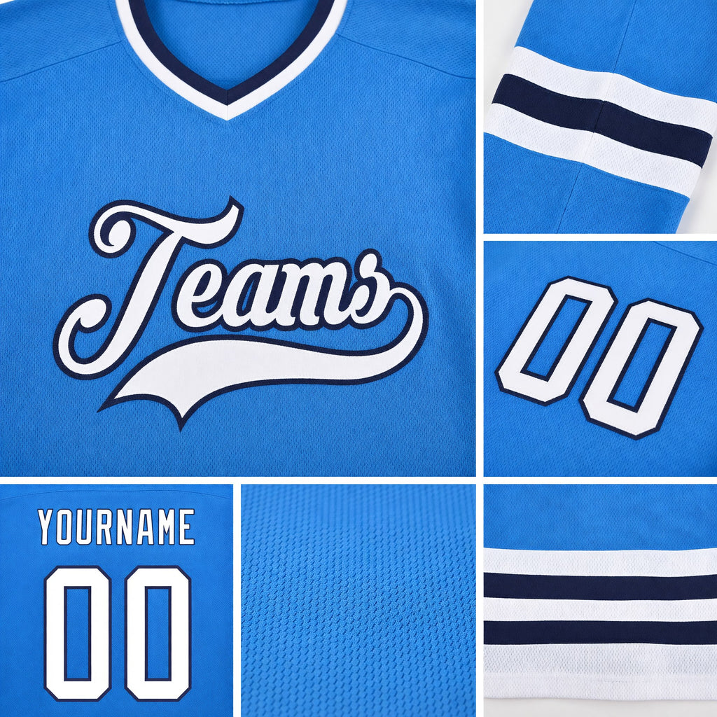 Custom Powder Blue White-Navy Hockey Jersey detail