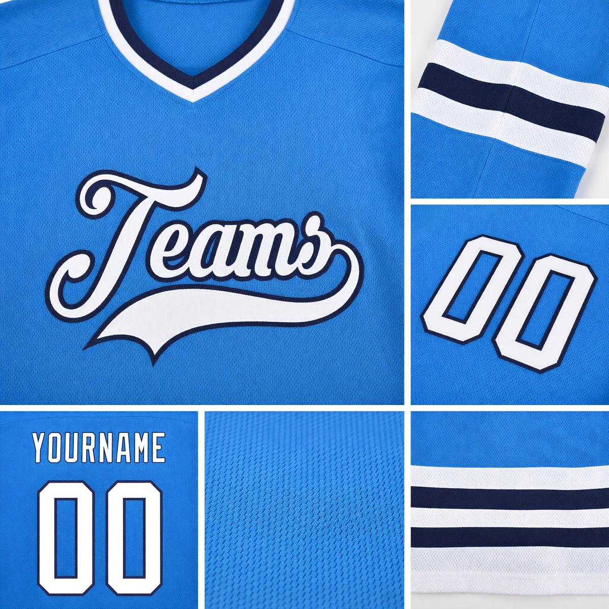 Custom Powder Blue White-Navy Hockey Jersey detail