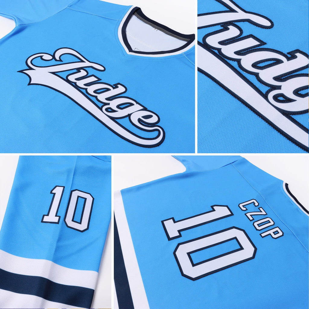 Custom Powder Blue White-Navy Hockey Jersey photo 4