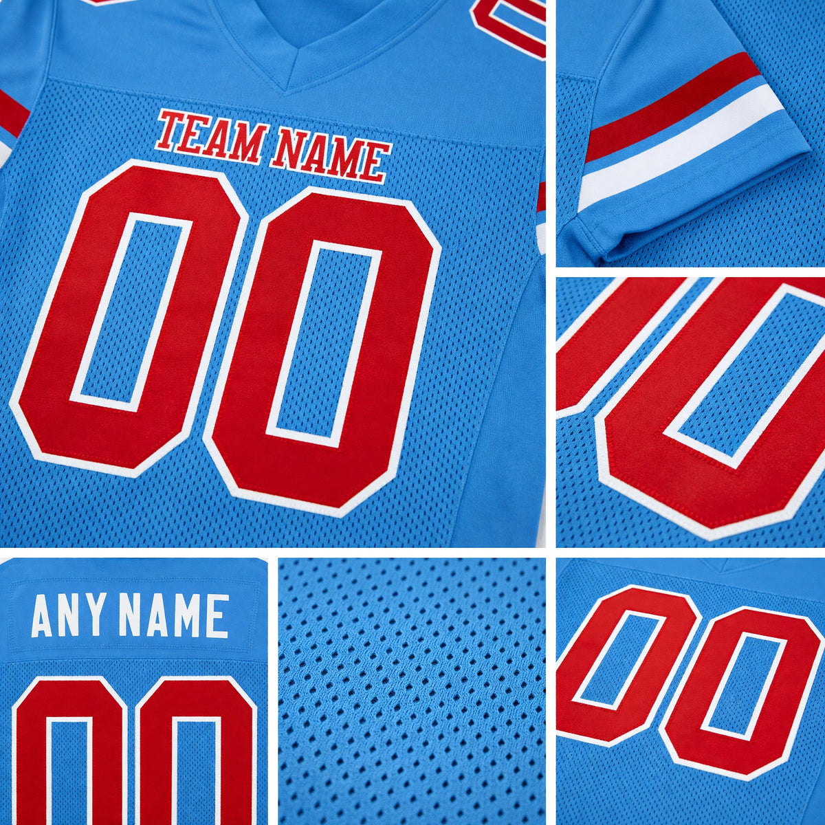 Custom Powder Blue Red-White Mesh Authentic Football Jersey detail
