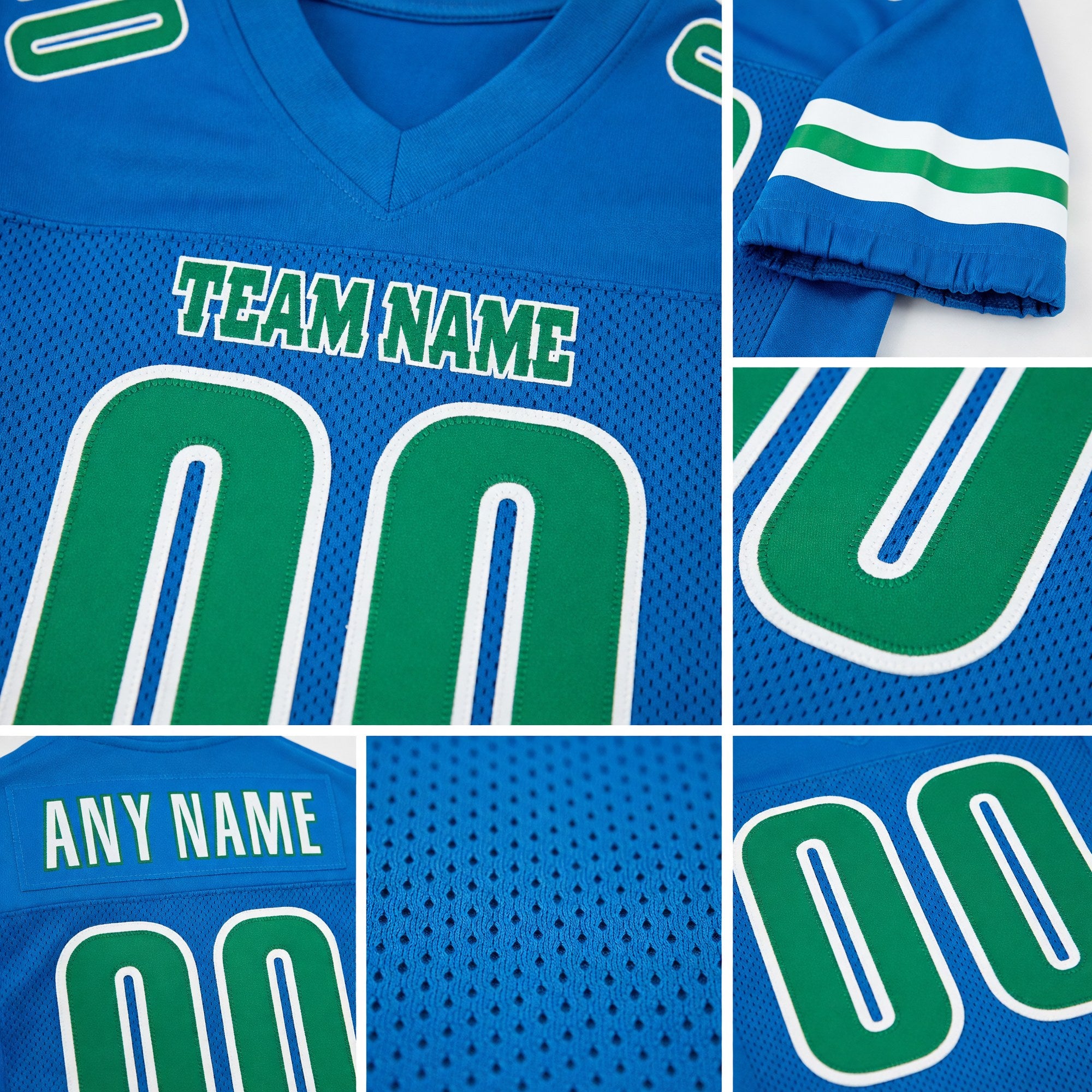 Custom Powder Blue Kelly Green-White Mesh Authentic Football Jersey detail