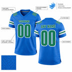 Custom Powder Blue Mesh Authentic Football Jersey with Kelly Green and White Lettering Design 0097 customization guide