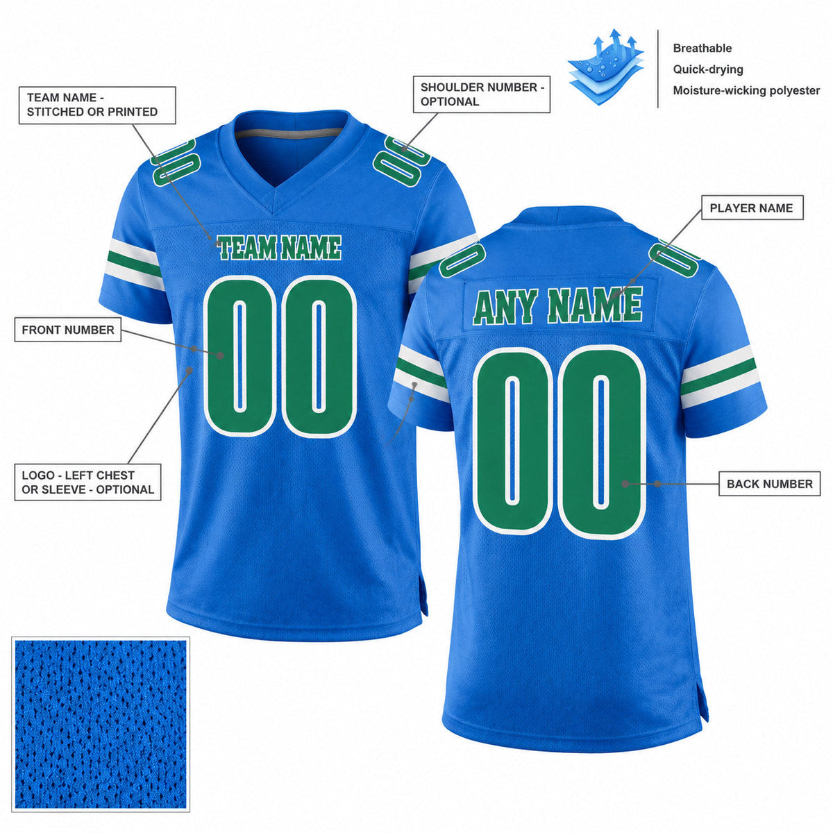 Custom Powder Blue Mesh Authentic Football Jersey with Kelly Green and White Lettering Design 0097 customization guide