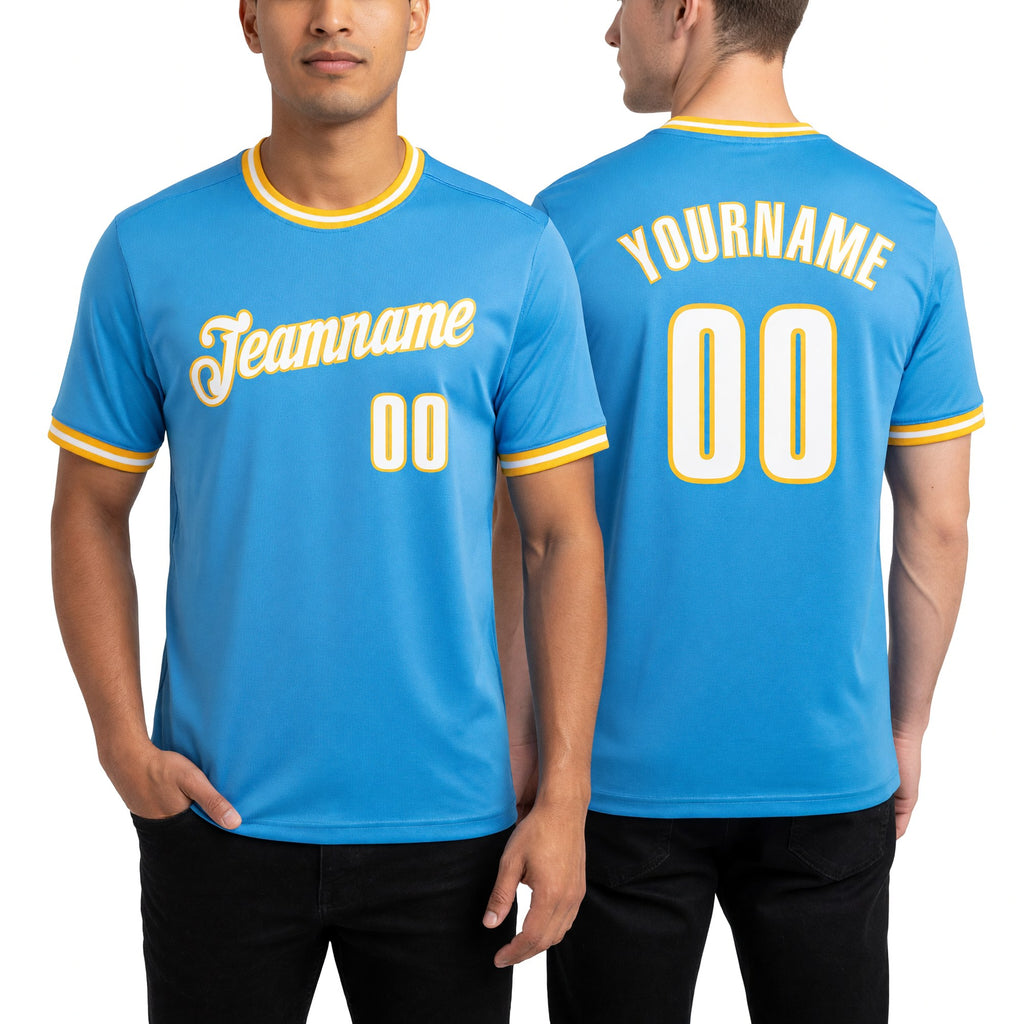 Custom Powder Blue White-Gold Performance T-Shirt worn front and back