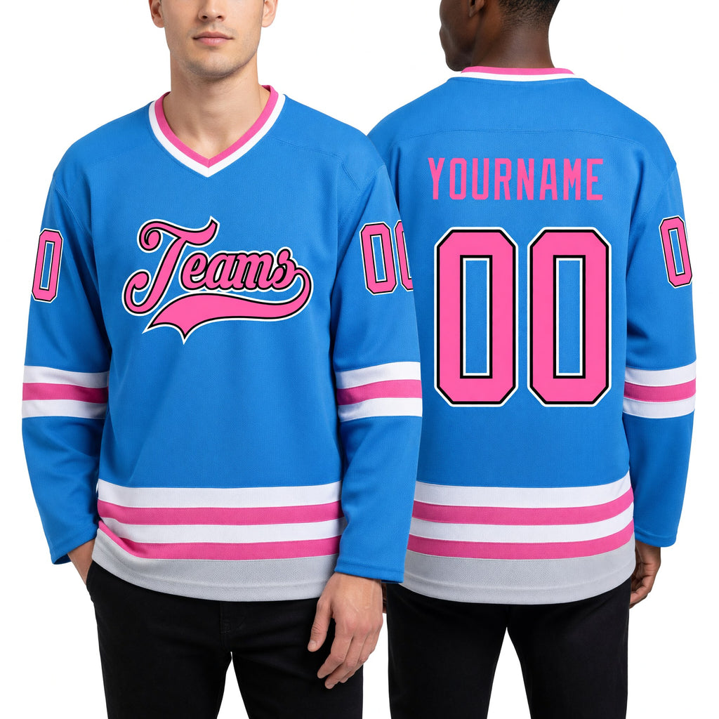 Custom Powder Blue Pink-Black Hockey Jersey worn front and back