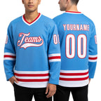 Custom Powder Blue White-Red Hockey Jersey worn front and back
