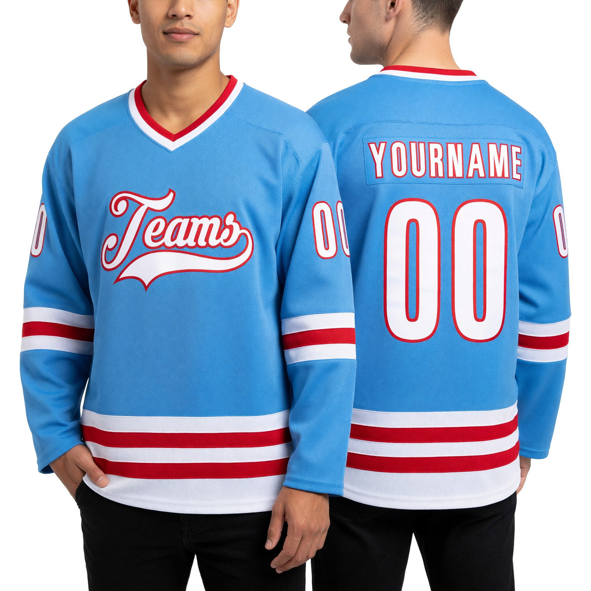 Custom Powder Blue White-Red Hockey Jersey worn front and back
