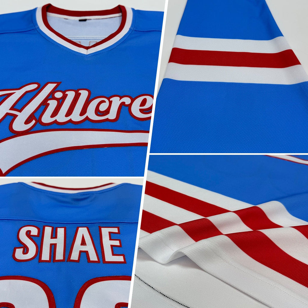 Custom Powder Blue White-Red Hockey Jersey photo 2