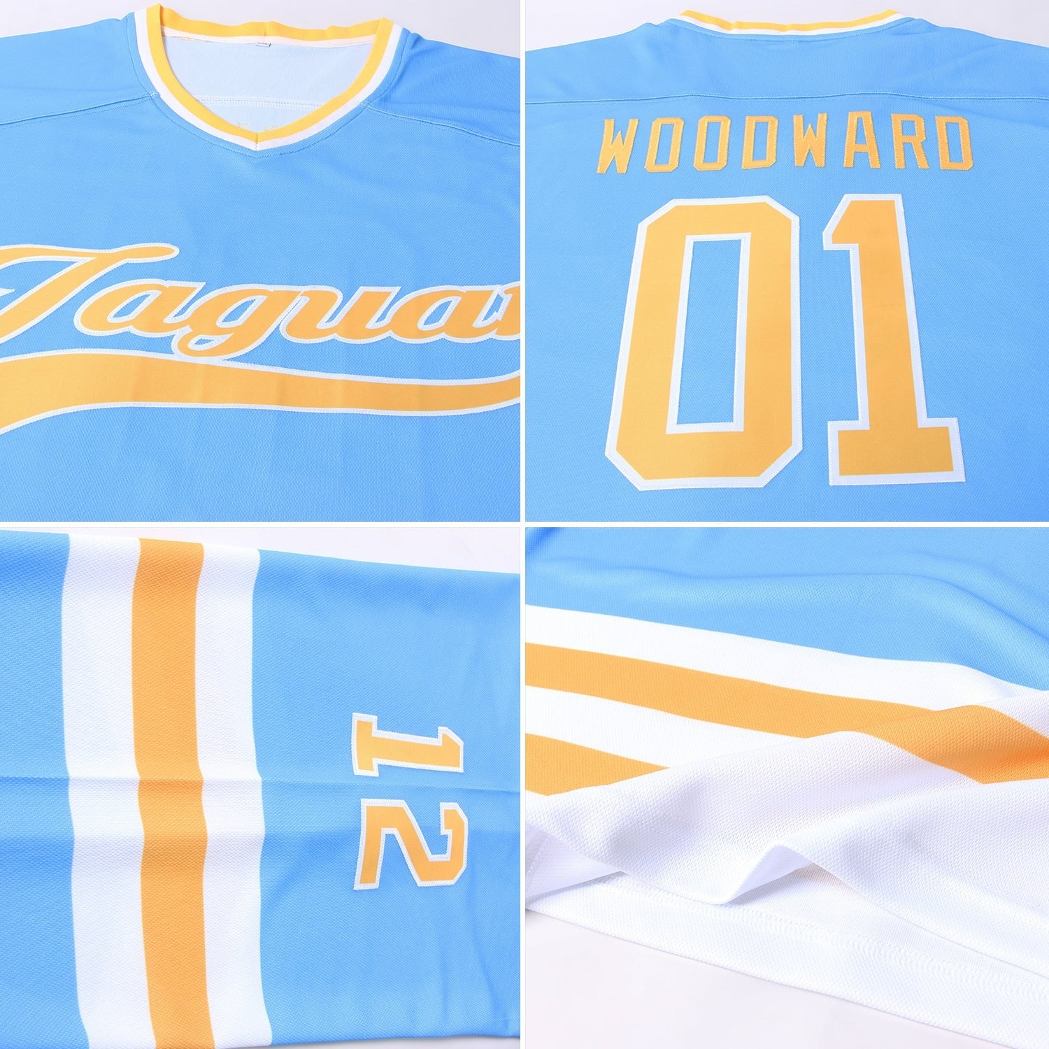 Custom Powder Blue Gold-White Hockey Jersey photo 4