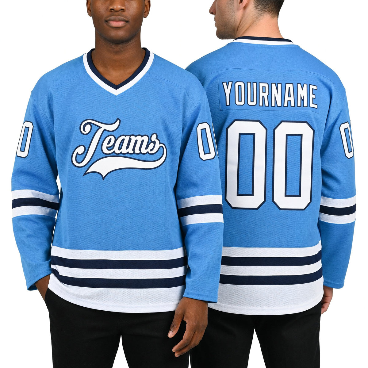 Custom Powder Blue White-Royal Hockey Jersey worn front and back