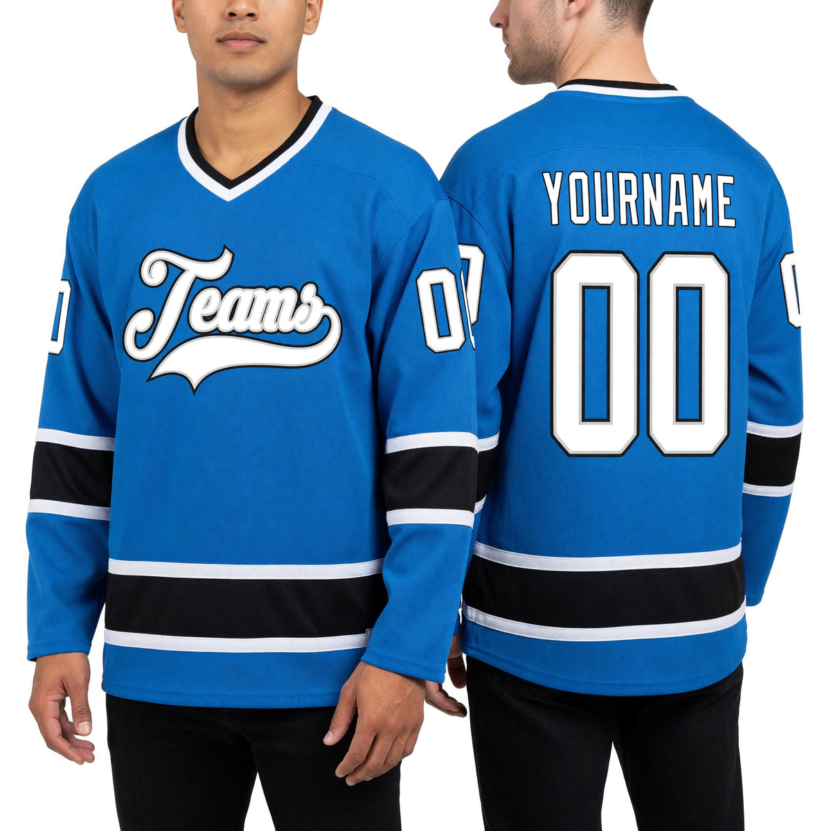 Custom Powder Blue White-Black Hockey Jersey worn front and back