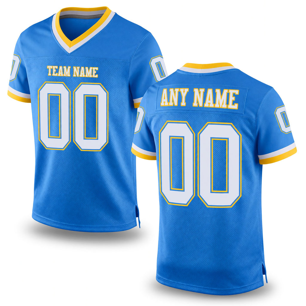 Custom Powder Blue White-Gold Mesh Authentic Throwback Football Jersey