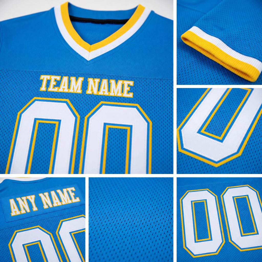 Custom Powder Blue White-Gold Mesh Authentic Throwback Football Jersey detail
