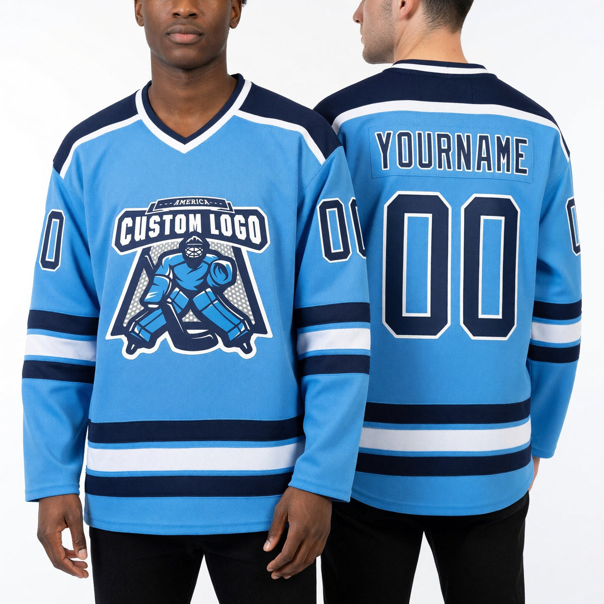 Custom Powder Blue Navy-White Hockey Jersey worn front and back