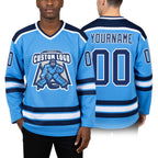 Custom Powder Blue Royal-White Hockey Jersey worn front and back
