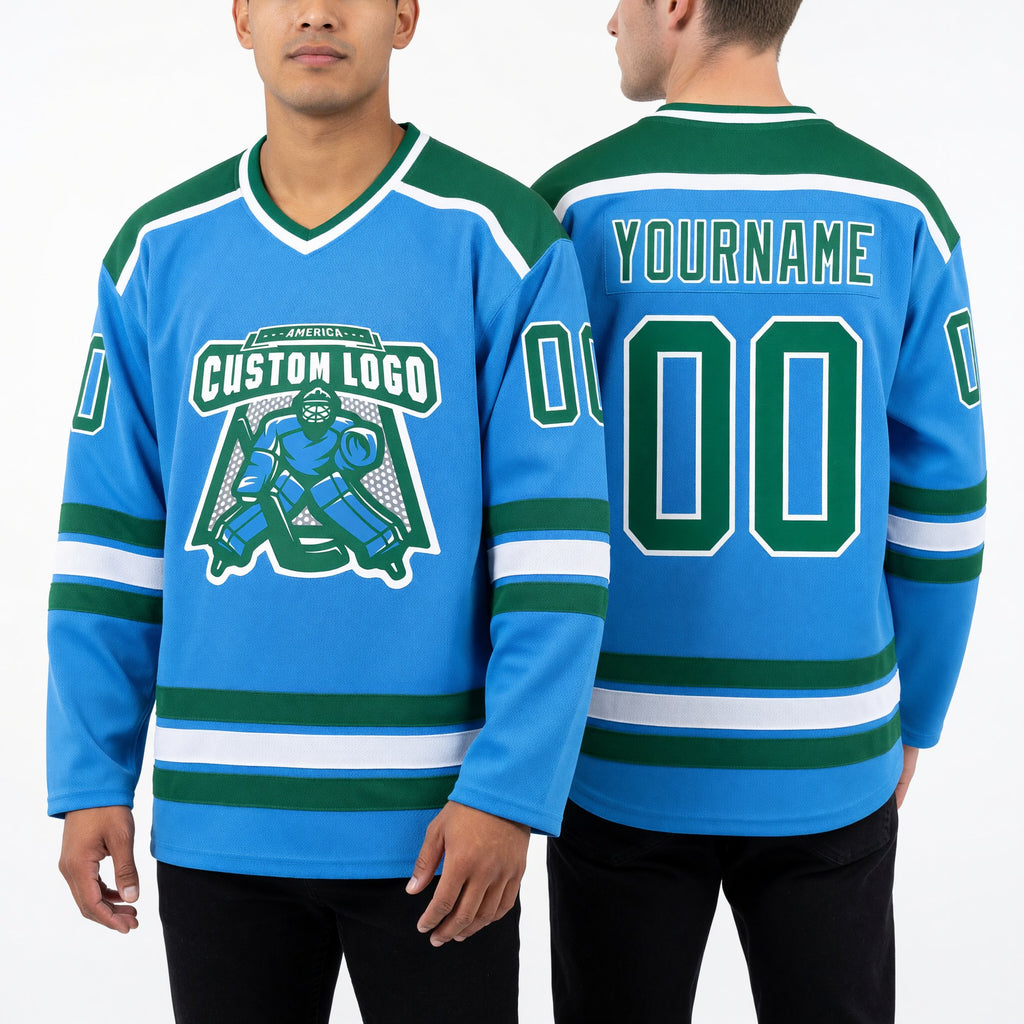 Custom Powder Blue Kelly Green-White Hockey Jersey worn front and back
