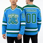 Custom Powder Blue Kelly Green-White Hockey Jersey worn front and back