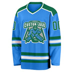 Custom Powder Blue Kelly Green-White Hockey Jersey photo 2