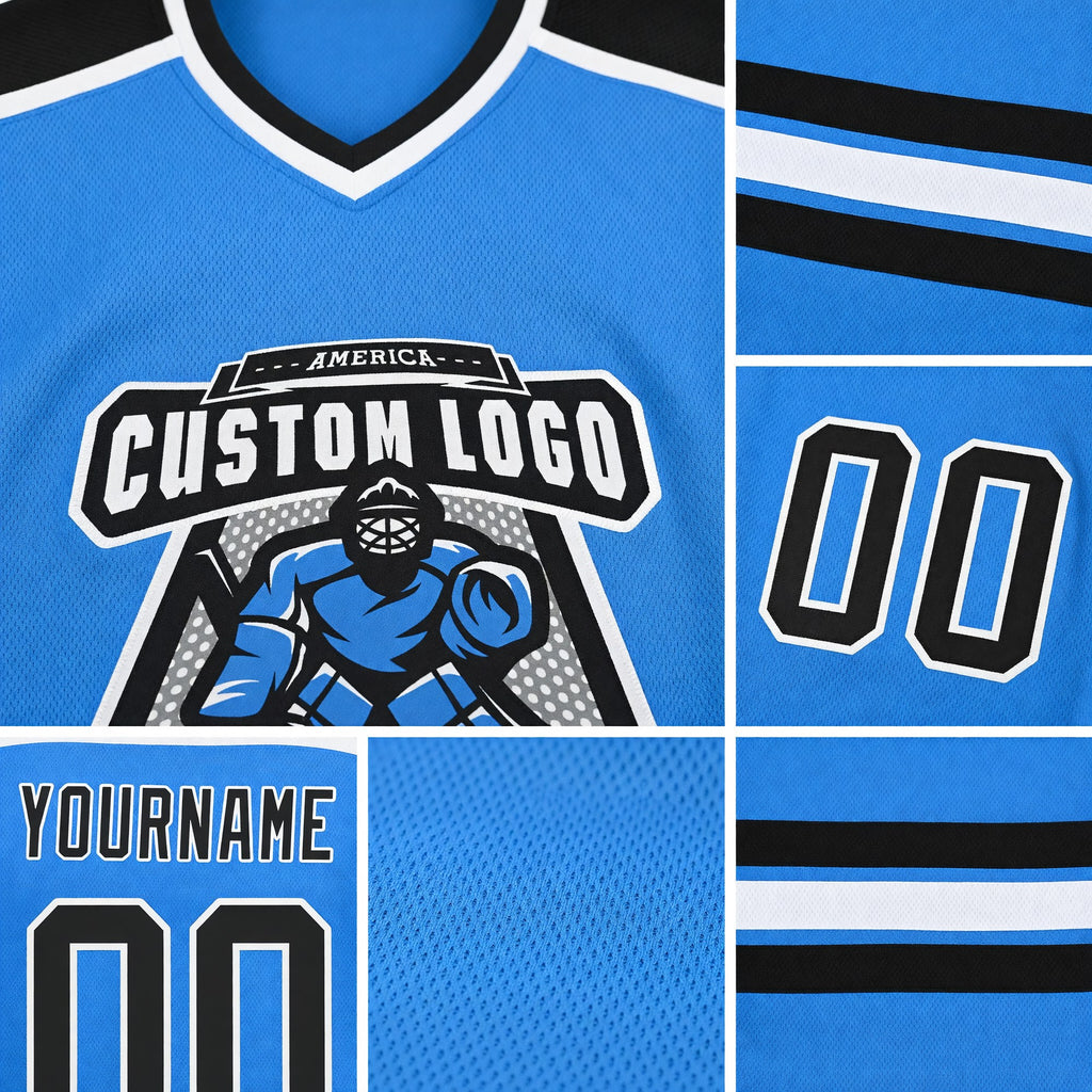 Custom Powder Blue Black-White Hockey Jersey detail