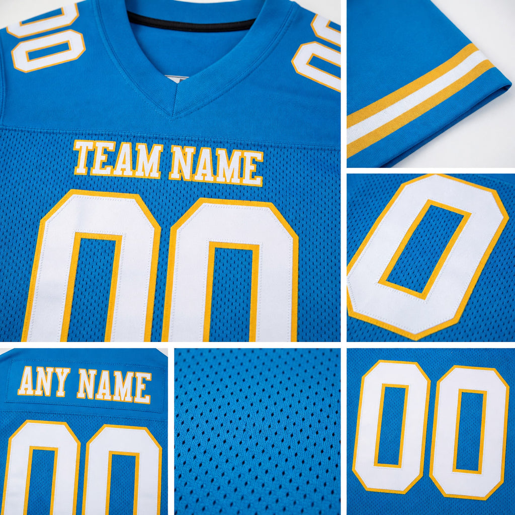 Custom Powder Blue White-Gold Mesh Authentic Football Jersey detail