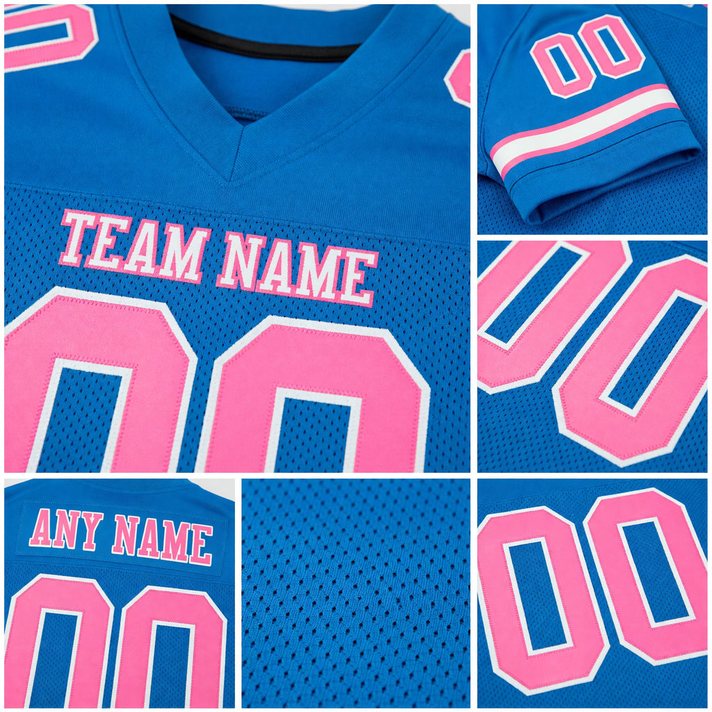 Custom Powder Blue Pink-White Mesh Authentic Football Jersey detail