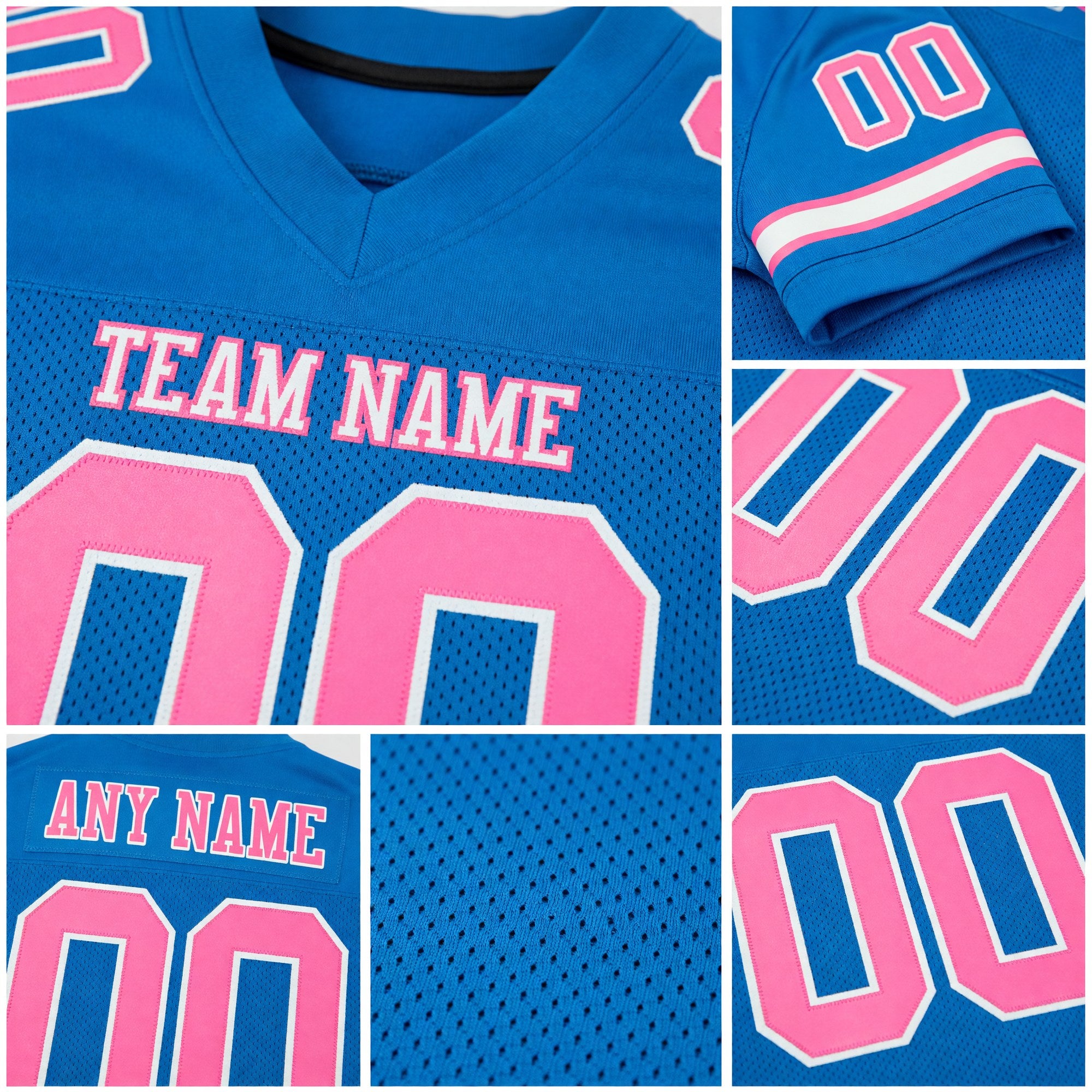 Custom Powder Blue Pink-White Mesh Authentic Football Jersey detail