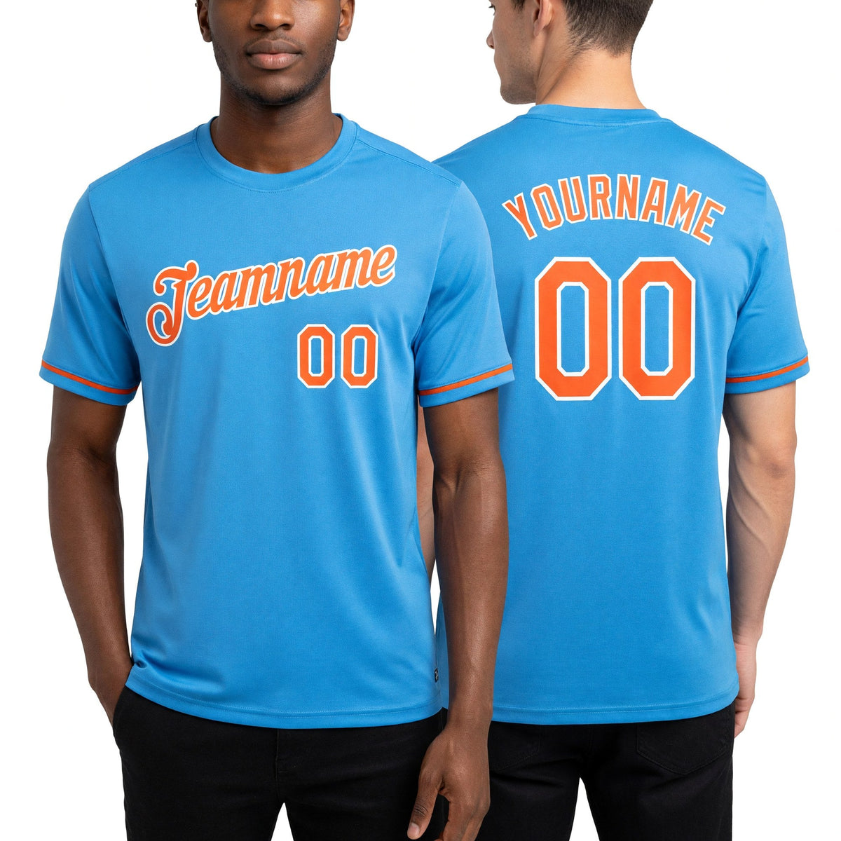 Custom Powder Blue Orange-White Performance T-Shirt worn front and back