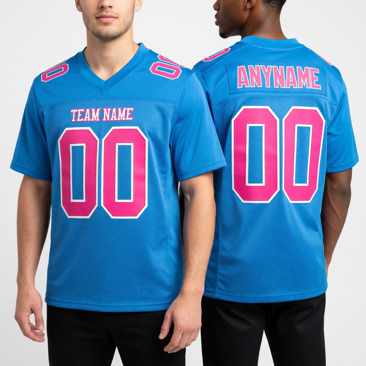 Custom Powder Blue Hot Pink-White Mesh Authentic Football Jersey worn front and back