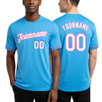 Custom Powder Blue White-Pink Performance T-Shirt worn front and back