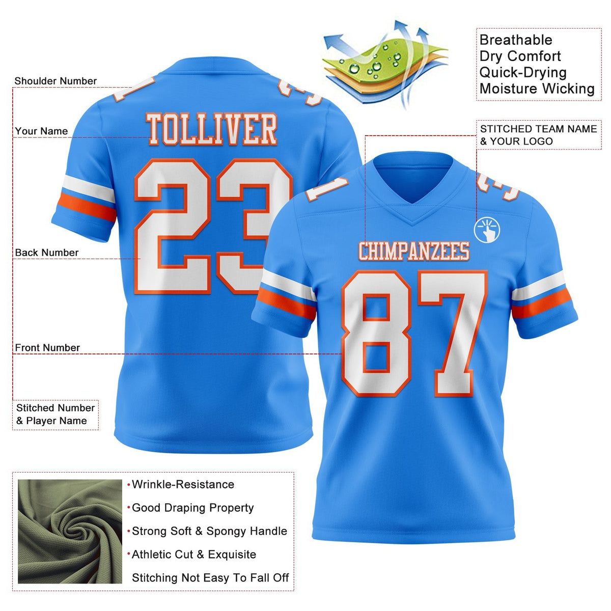 Custom Powder Blue White-Orange Authentic Football Jersey photo 3