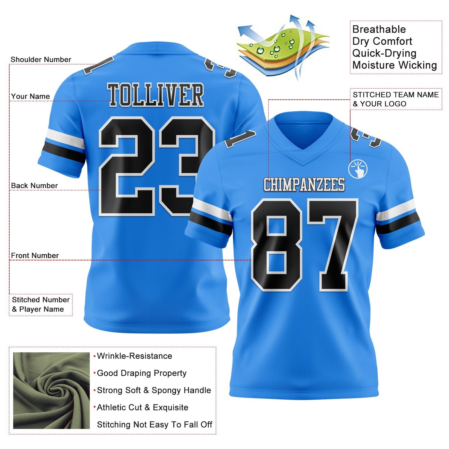 Custom Powder Blue Black-White Authentic Football Jersey photo 3