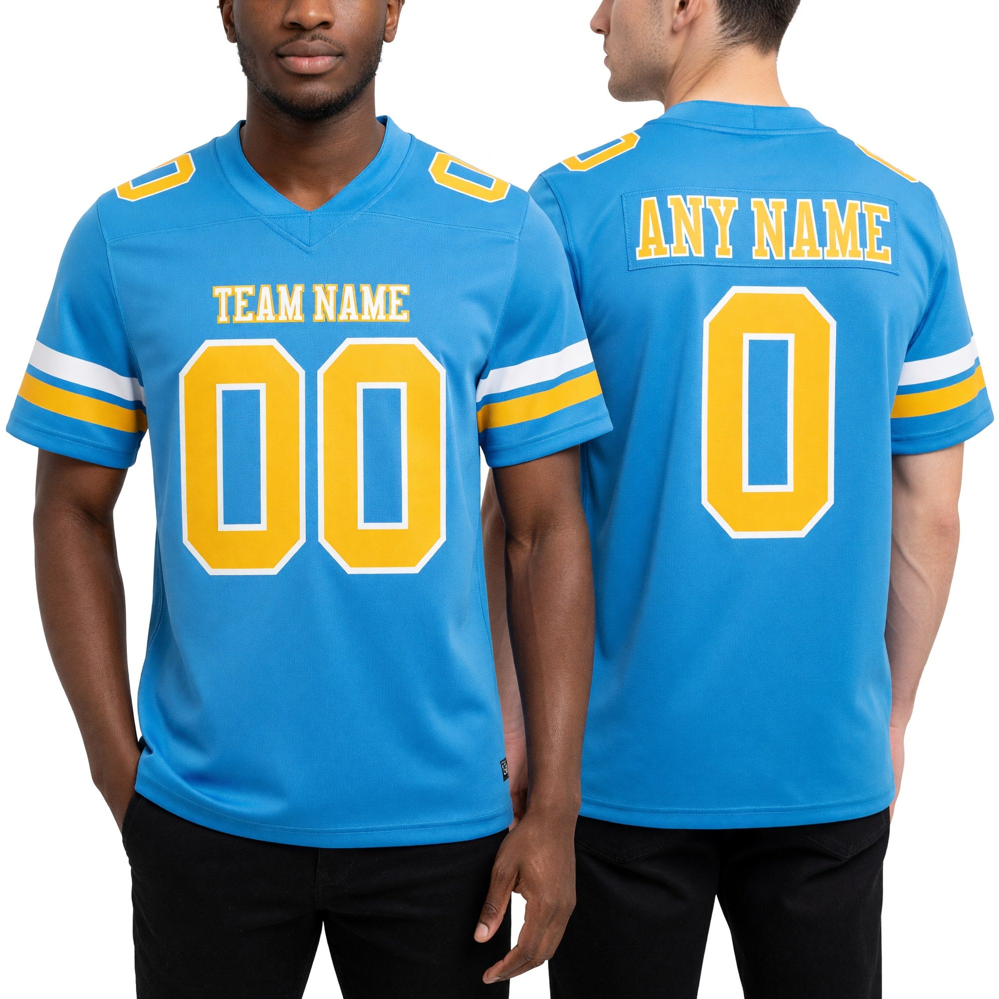 Custom Powder Blue Gold-White Authentic Football Jersey worn front and back
