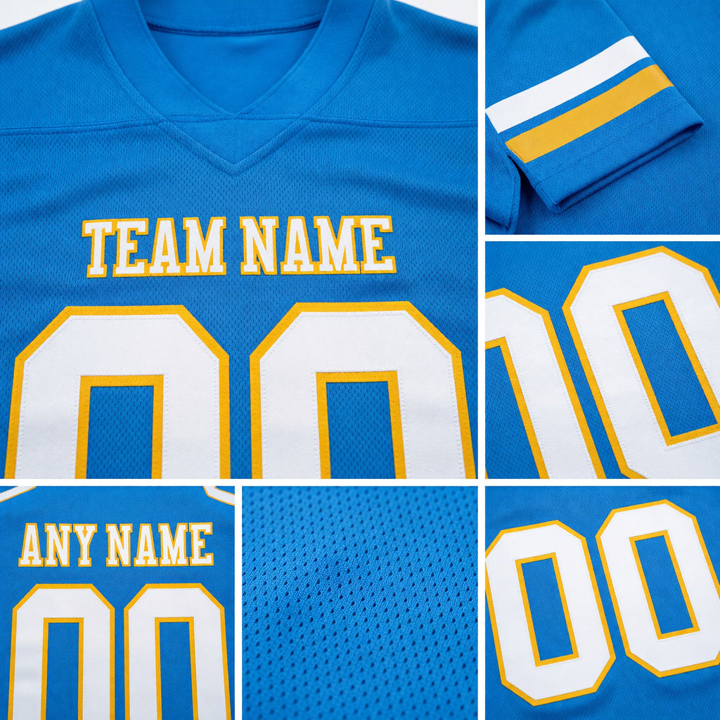 Custom Powder Blue White-Gold Authentic Football Jersey detail