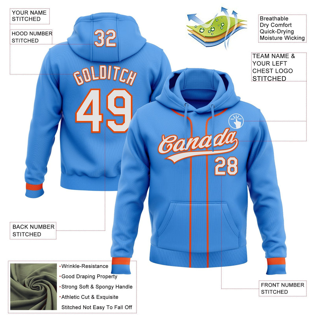 Custom Stitched Powder Blue White-Orange Baseball Pullover Sweatshirt Hoodie photo 2