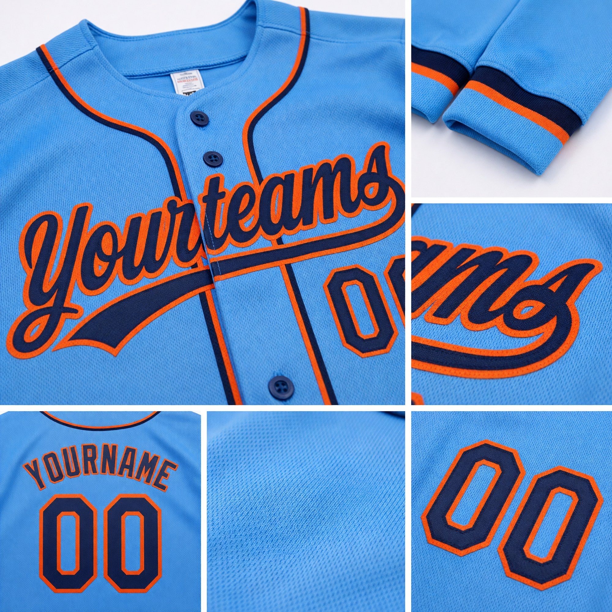 Custom Stitched Powder Blue Navy-Orange Baseball Pullover Sweatshirt Hoodie detail