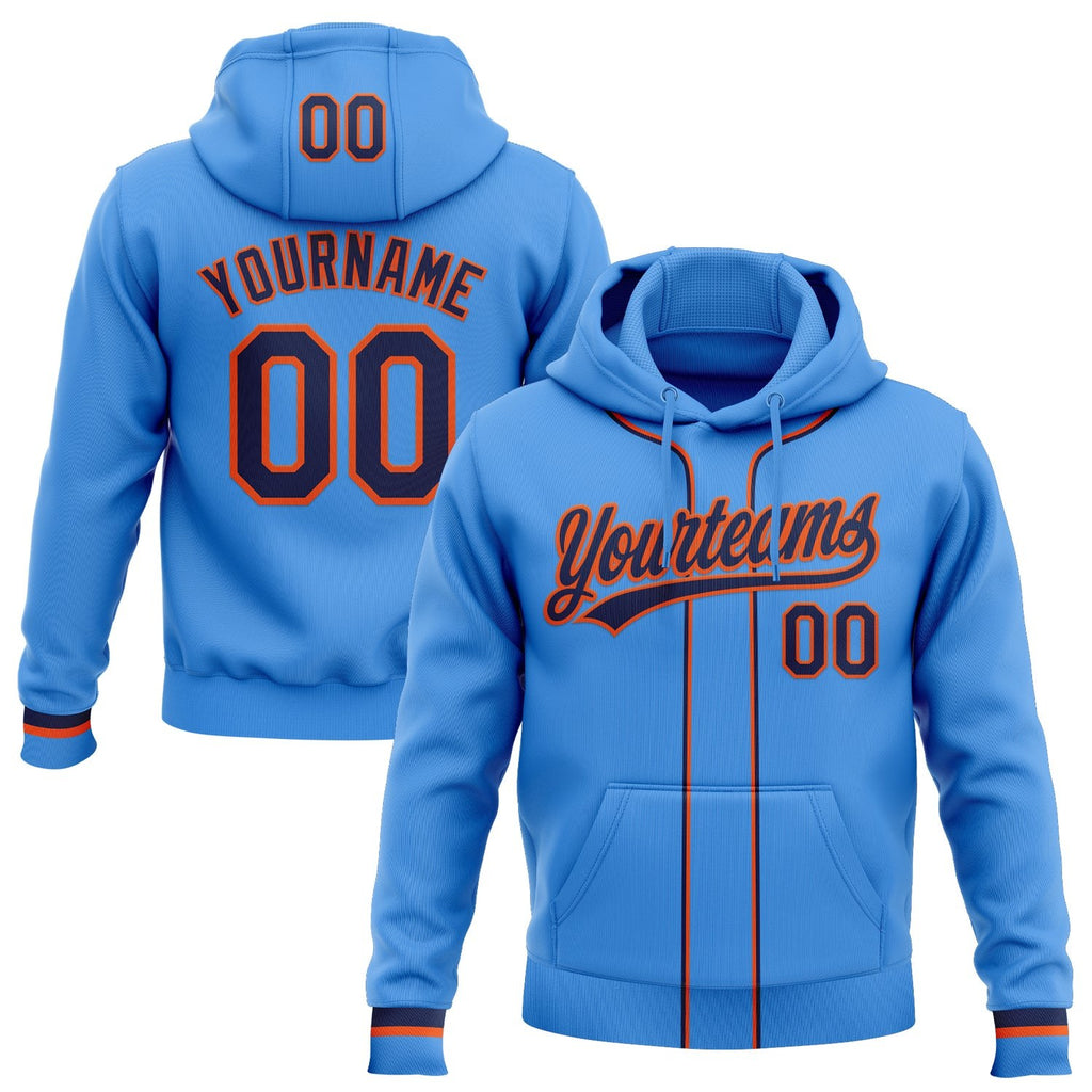 Custom Stitched Powder Blue Navy-Orange Baseball Pullover Sweatshirt Hoodie photo 1