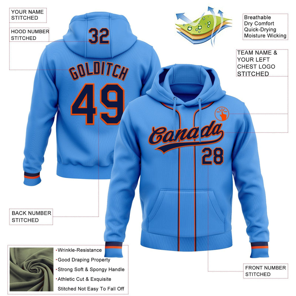 Custom Stitched Powder Blue Navy-Orange Baseball Pullover Sweatshirt Hoodie photo 2