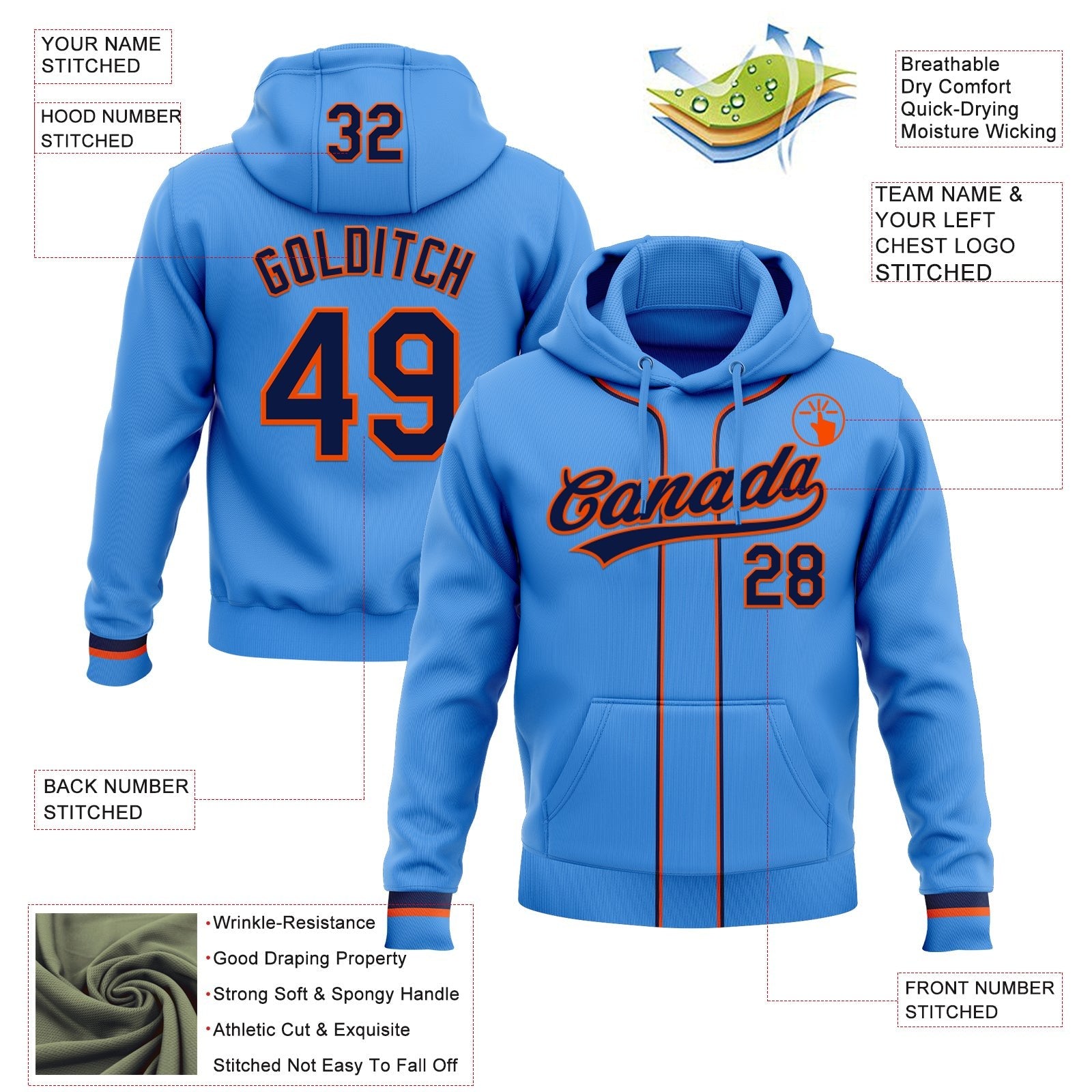 Custom Stitched Powder Blue Navy-Orange Baseball Pullover Sweatshirt Hoodie photo 2