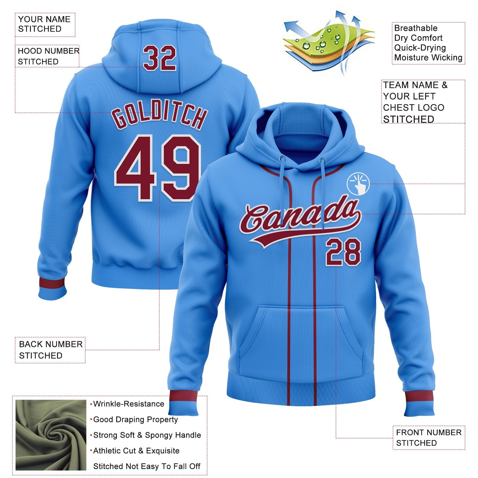 Custom Stitched Powder Blue Crimson-White Baseball Pullover Sweatshirt Hoodie photo 2
