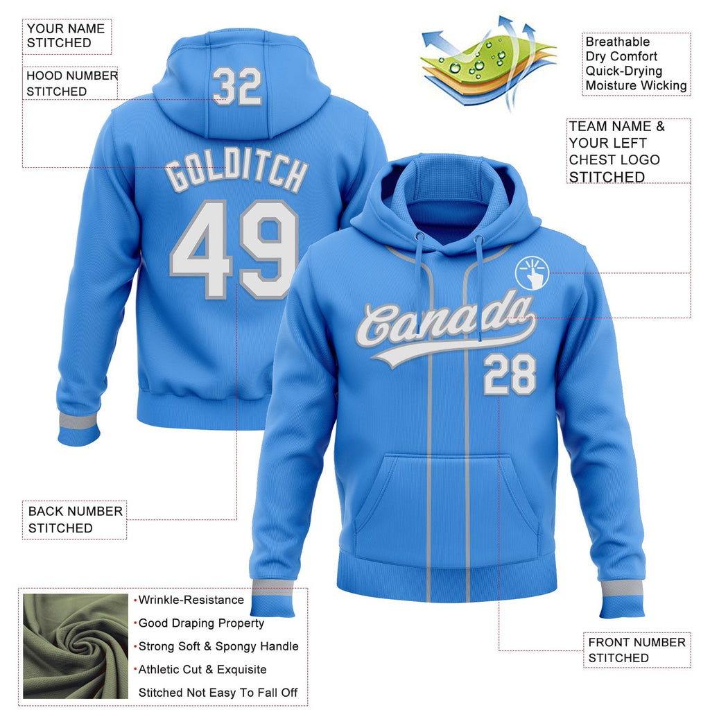 Custom Stitched Powder Blue White-Gray Baseball Pullover Sweatshirt Hoodie photo 2