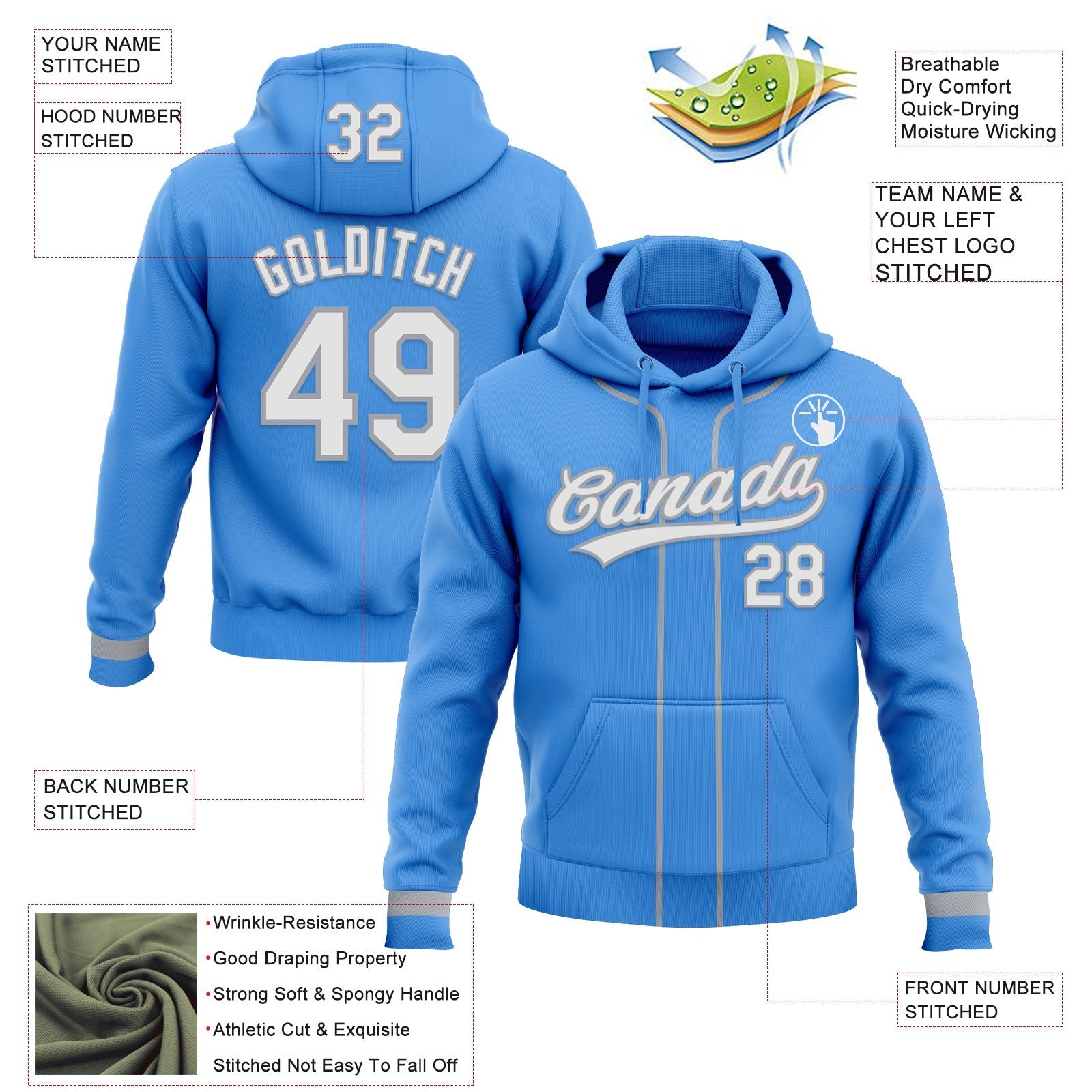 Custom Stitched Powder Blue White-Gray Baseball Pullover Sweatshirt Hoodie photo 2
