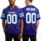 Custom Purple White-Aqua Mesh Authentic Football Jersey worn front and back