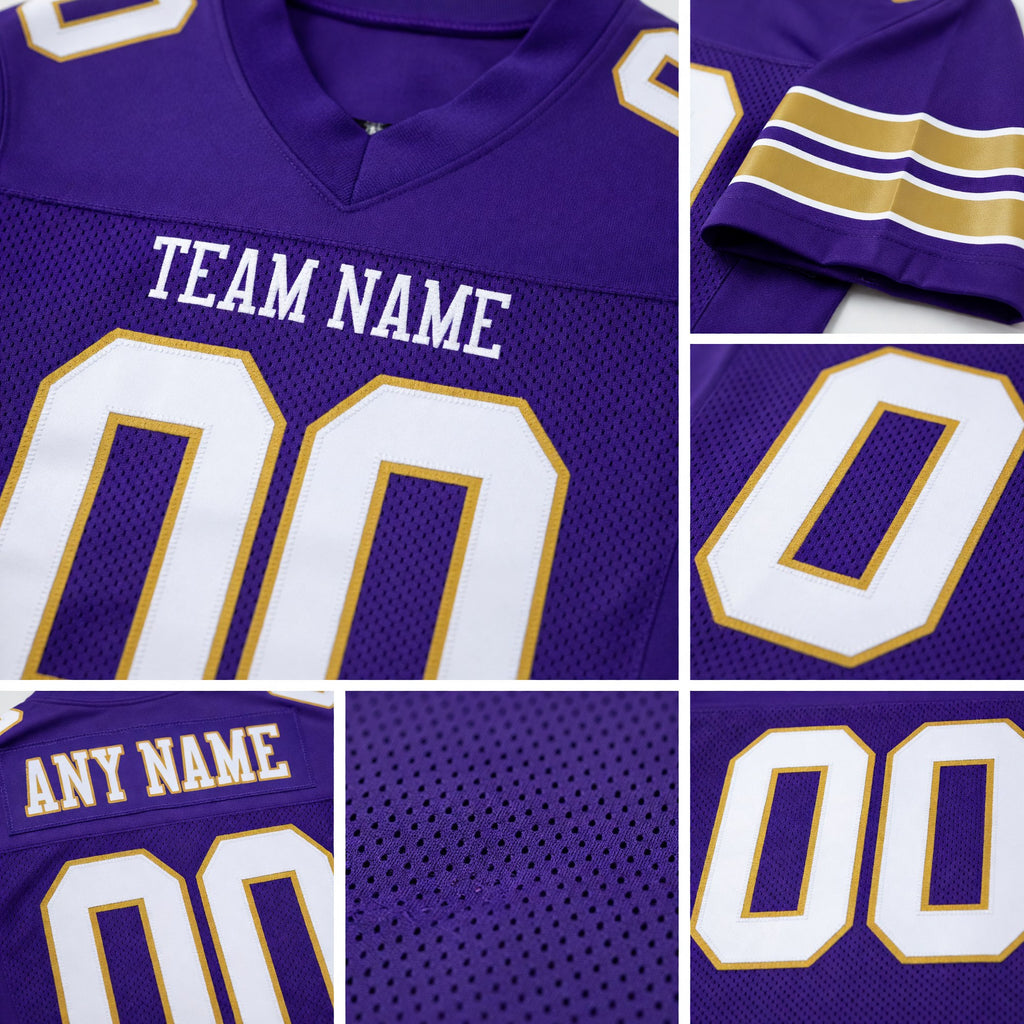 Custom Purple White-Old Gold Mesh Authentic Football Jersey detail