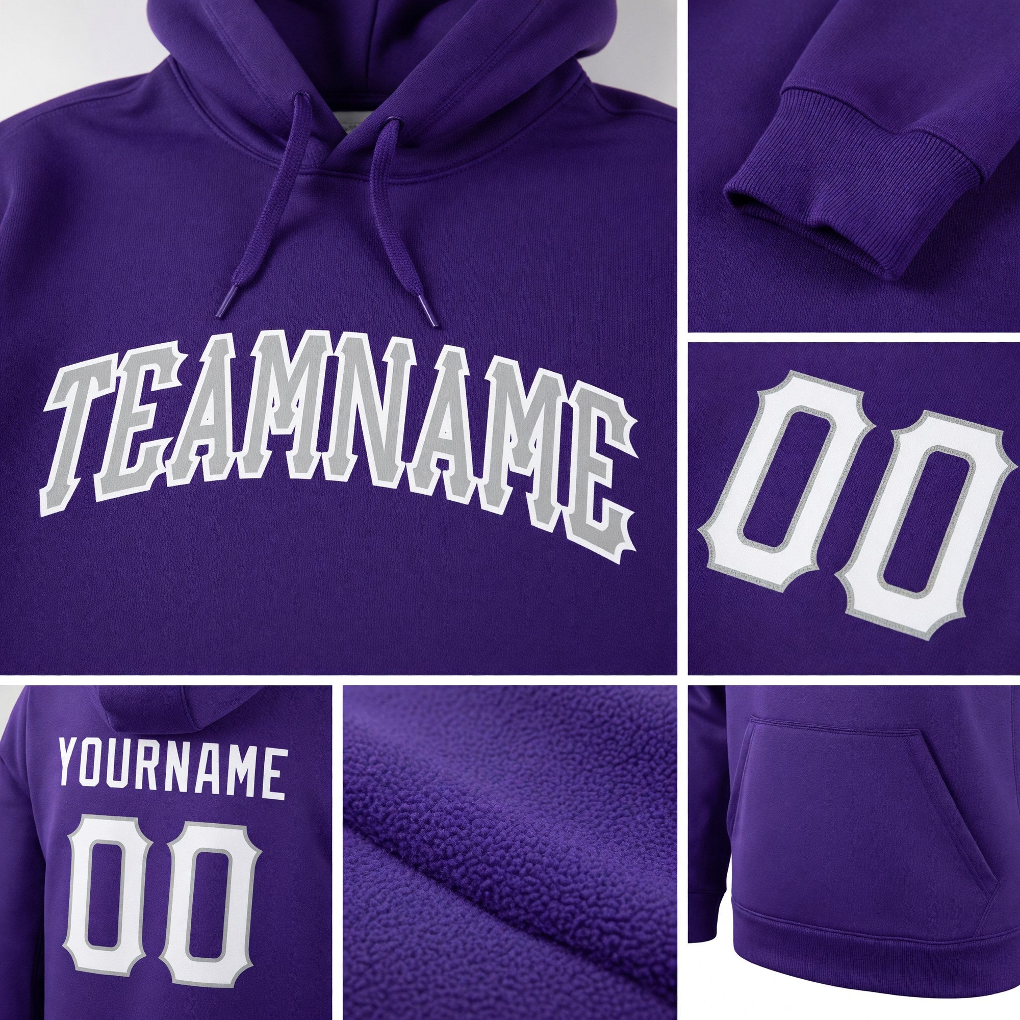 Custom Stitched Purple White-Gray Sports Pullover Sweatshirt Hoodie detail