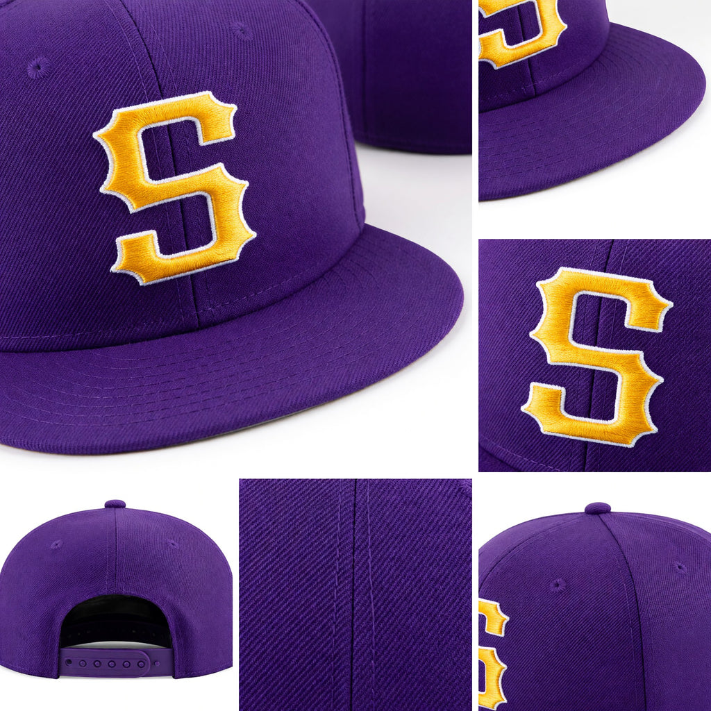 Custom Purple Gold-White Stitched Adjustable Snapback Hat detail