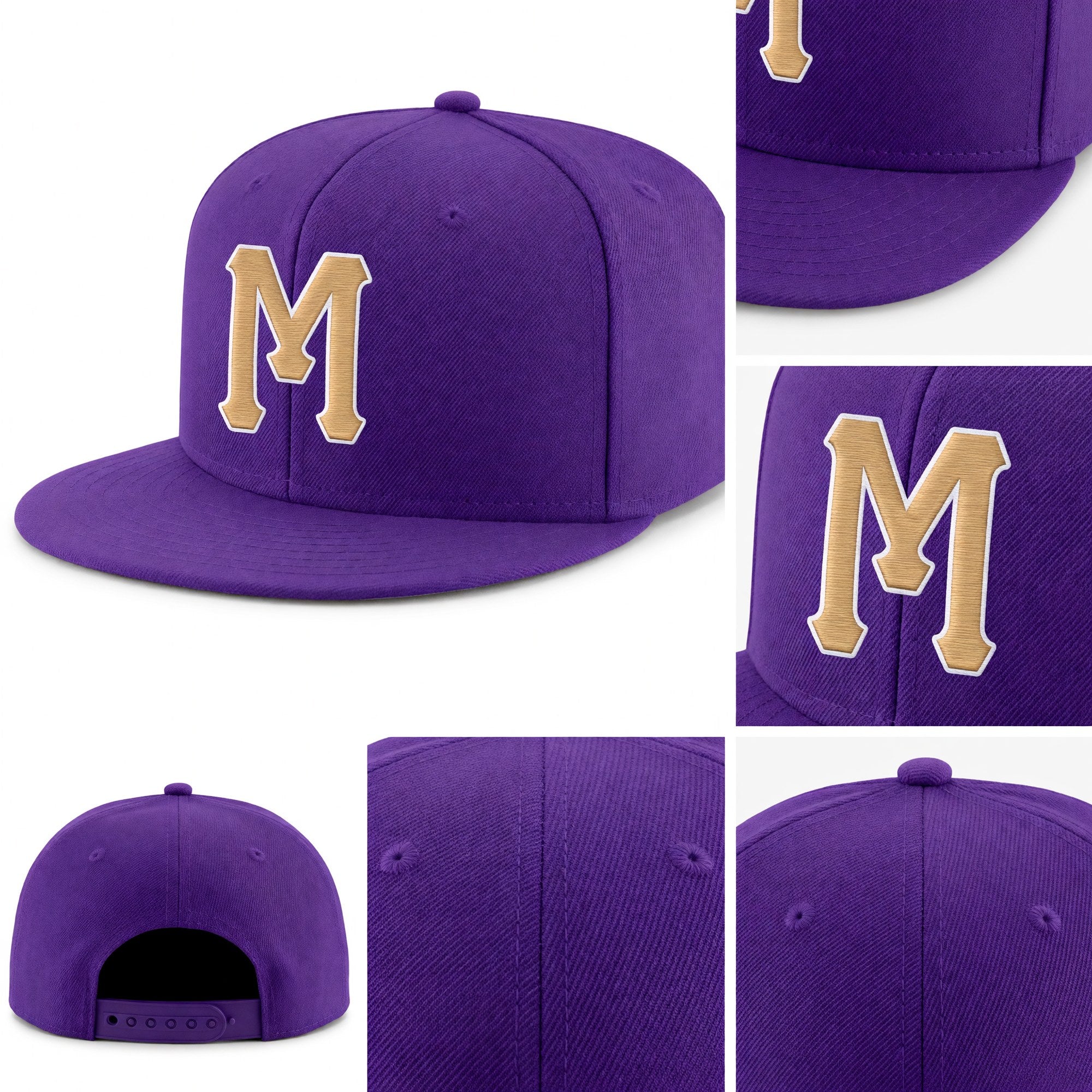 Custom Purple Old Gold-White Stitched Adjustable Snapback Hat detail