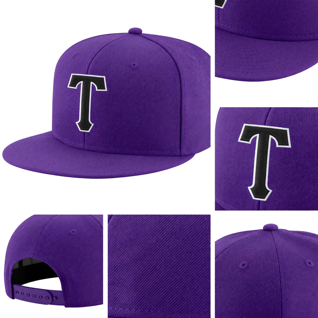 Custom Purple Black-White Stitched Adjustable Snapback Hat detail