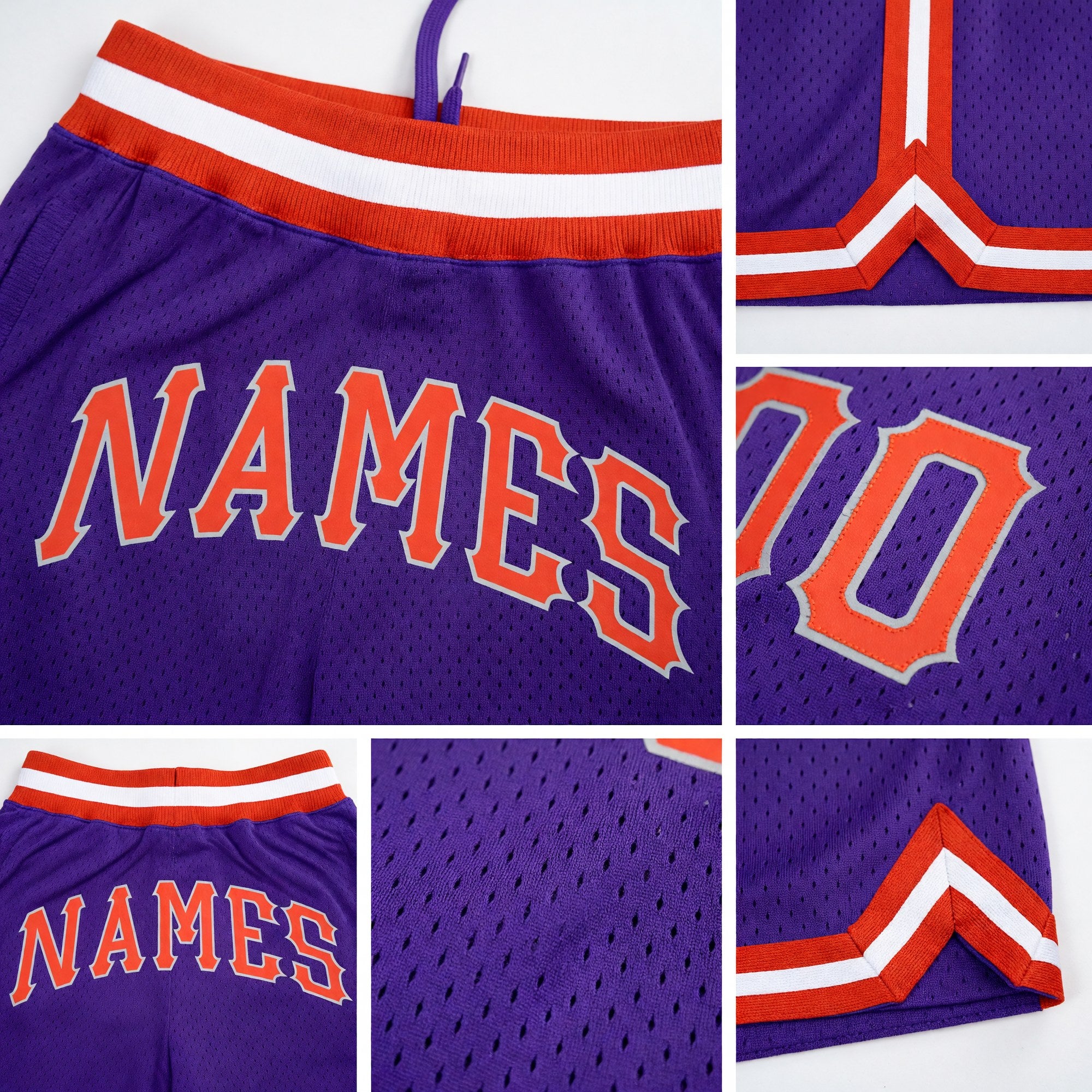 Custom Purple Orange-Gray Authentic Throwback Basketball Shorts detail