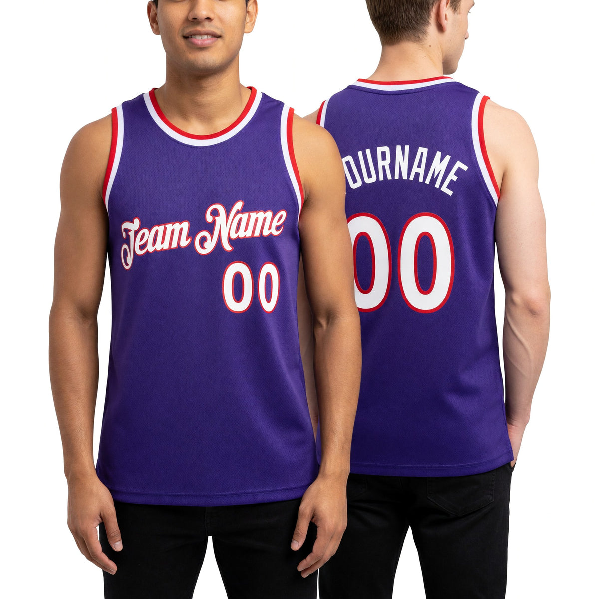 Custom Purple White-Red Authentic Throwback Basketball Jersey worn front and back